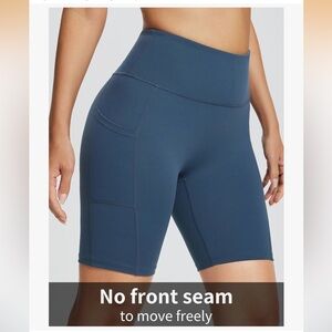 Baleaf Blue 8-inch high-waist bike shorts with side pockets